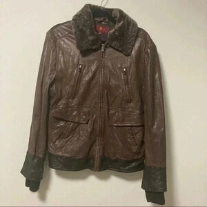 7 For  All Mankind brown black leather sheepskin shearling collar jacket